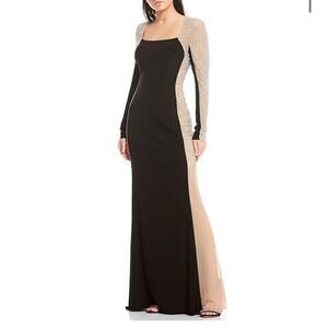 XSCAPE Madison Jersey Knit Caviar Beaded Sides Dress Black/Nude/Silver Sz 8 NWT